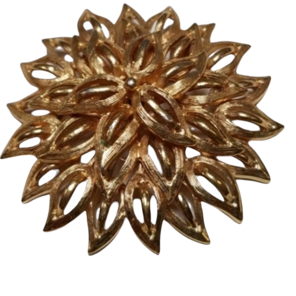 Vintage Signed Roget TM Large Gold Tone Metal Flower Brooch Pin - Picture 6 of 12